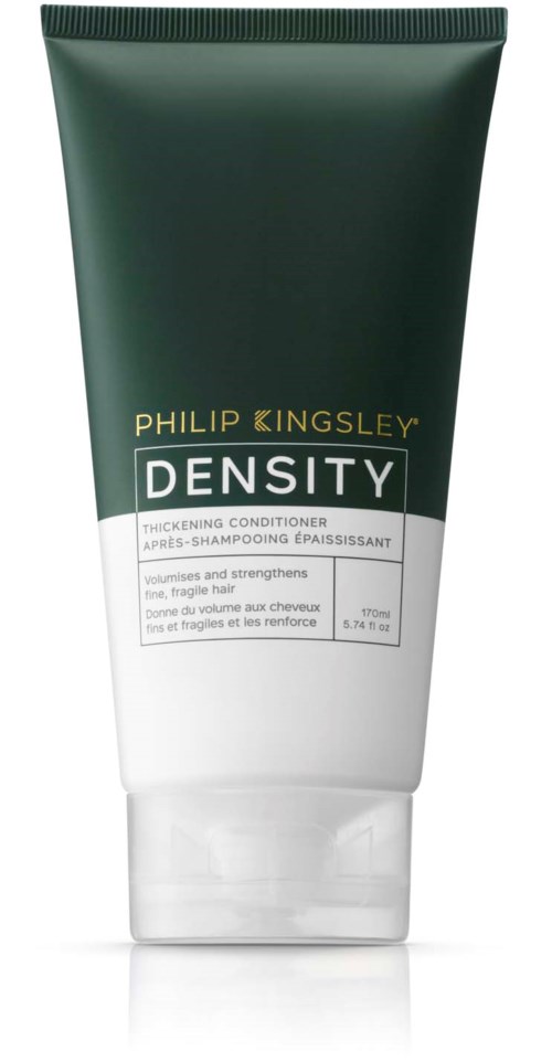 En tube av Philip Kingsley DENSITY tykkingkonditioner med grønne og hvite farger og gulltekst.