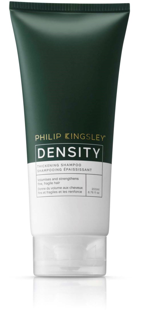 En grønn og hvit tube med sjampo merket Philip Kingsley Density Thickening Shampoo.