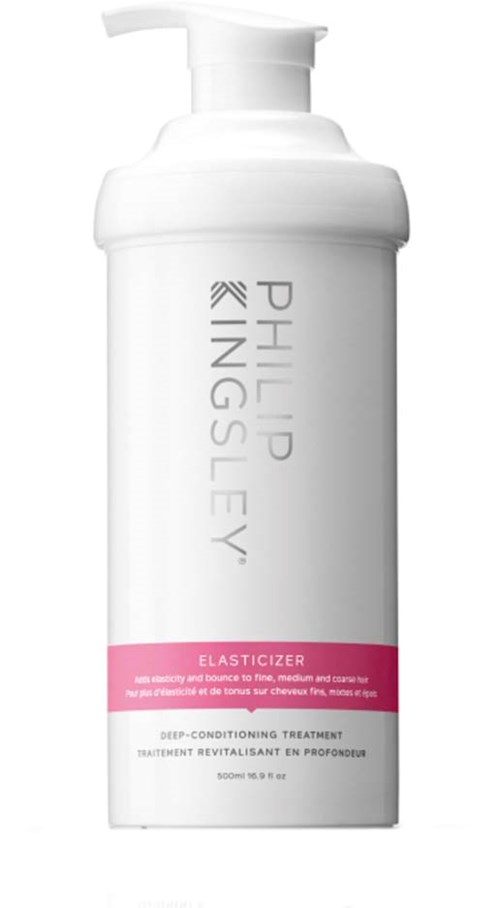 A white bottle with a pump, labeled Philipp Kingsley Elasticizer, a hair treatment product.
