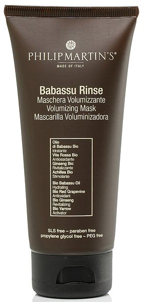 En brun tube med Philip Martin's Babassu Rinse, en volumgivende hårkur med naturlige oljer og antioksidanter.