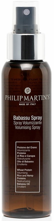 Brązowa butelka z rozpylaczem, oznaczona 'Philip Martin's Babassu Spray' dla objętości włosów.