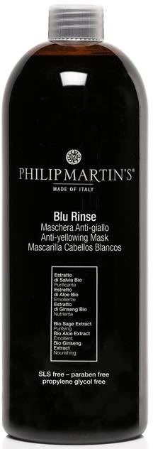 En svart flaske med sølvhette, merket Philip Martin's Blu Rinse, en anti-gulne hårmaske med naturlige ingredienser.