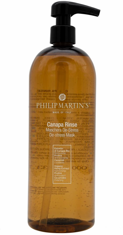En brun flaske med pumpe, merket 'Canapa Rinse' for stresslindring, laget av Philip Martin's.