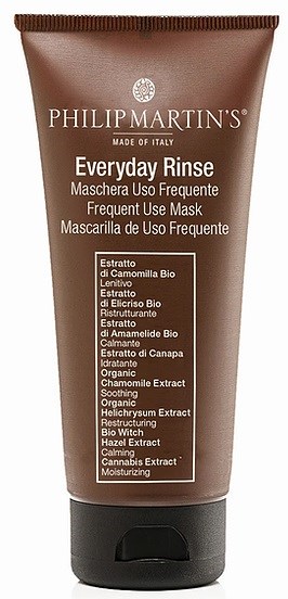 En brun tube med Philip Martin's Everyday Rinse ansiktsmaske med tekst om ingredienser og bruk.