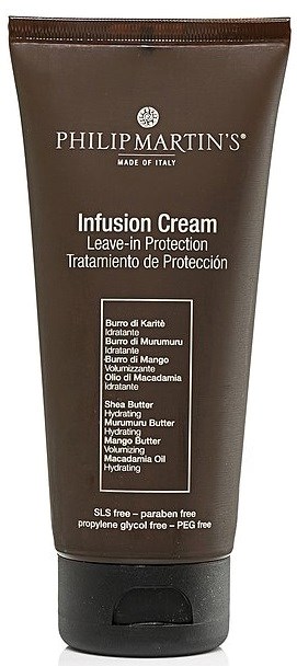 Brun tube med Philip Martin's infusion cream for leave-in protection, med ingrediensliste på forsiden.