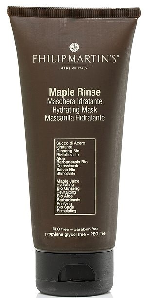 Brun tube fra Philip Martins Maple Rinse fuktighetsgivende maske, med tekst om ingredienser og fordeler.