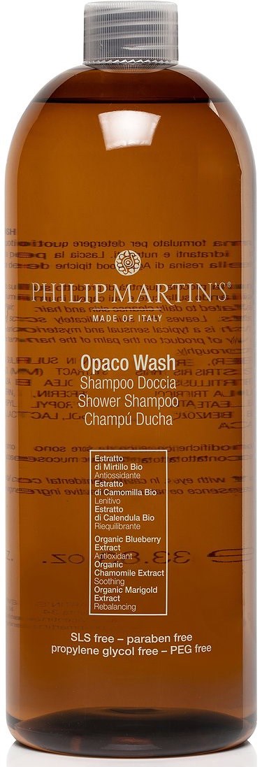 En brun plastflaske med sølvhette, merket 'Philip Martin's Opaco Wash' for sjampo, med detaljert produktinfo.