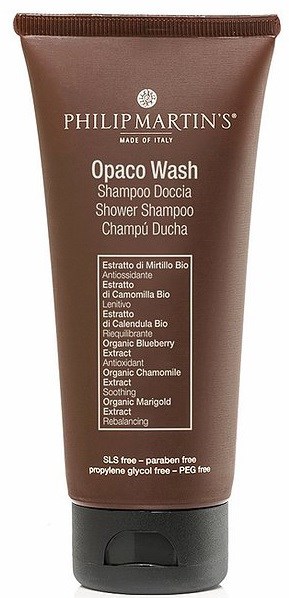 En brun dusjsjampo i tube merket 'Philip Martin's Opaco Wash' med ingredienser og fordeler listet.