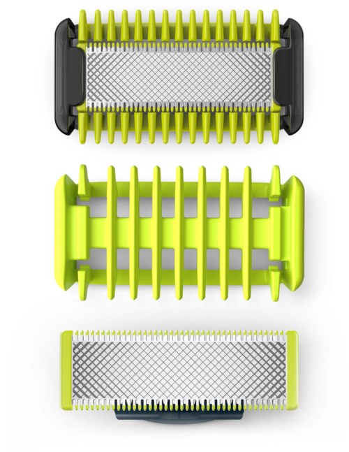 A three-part green and gray razor blade holder with different components designed for safety and grip.