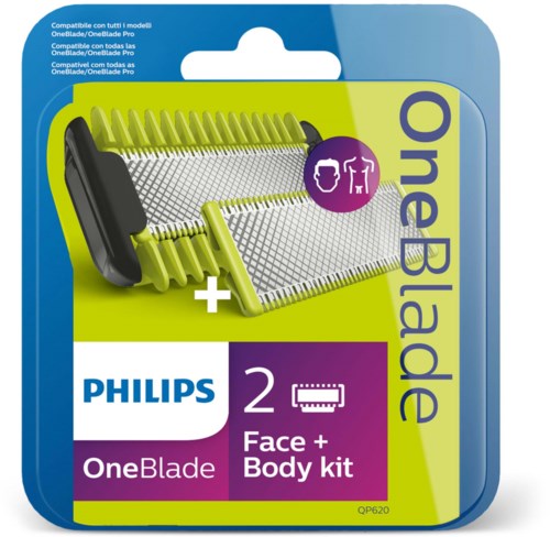 A Philips OneBlade face and body grooming kit packaging with two blades and purple, white, and blue design elements.