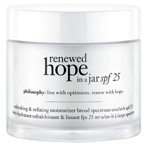 En hvit krukke med fuktighetskrem merket 'renewed hope in a jar SPF 25' med en beskrivelse om å leve med optimisme.