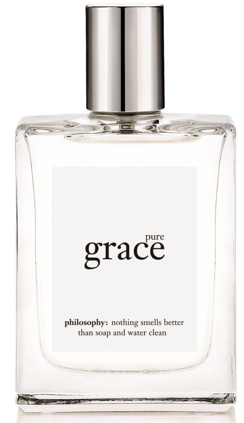 En tydlig parfyllflaska med en silverlock, märkt 'grace' och ordet 'pure' samt ett filosoficitat.
