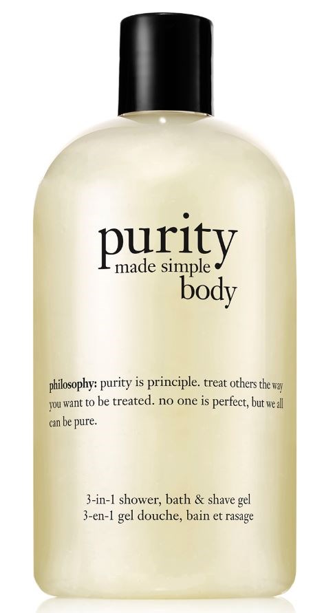 A white bottle with a black cap, labeled 'purity made simple body' and describes a 3-in-1 shower gel.