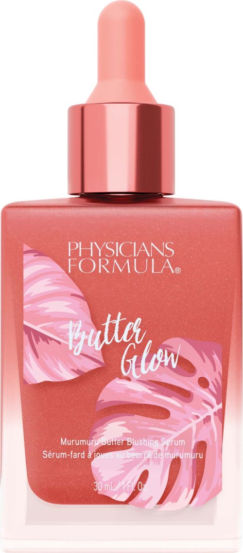 En pink dråbeflasken med Physicians Formula Butterfly Glow serum med blad- og sommerfugletegninger på etiketten.