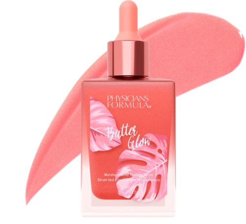 En pink droppeflaske med serum fra Physicians Formula Butter Glow med pink bladillustrationer på etiketten.