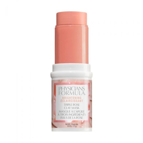 En liten krukke med rosa krem merket Physicians Formula Brightening Clay Mask med hvit og rosa tekst.