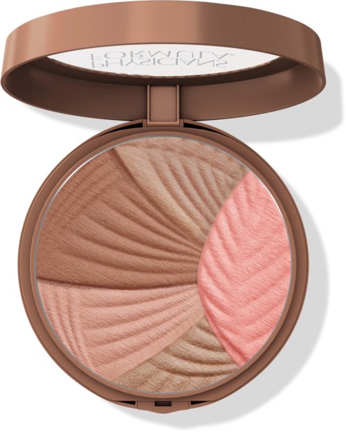 Rundt puder med blush och highlighter i rosa och beige nyanser, uppdelad i sektioner med texturerad yta.