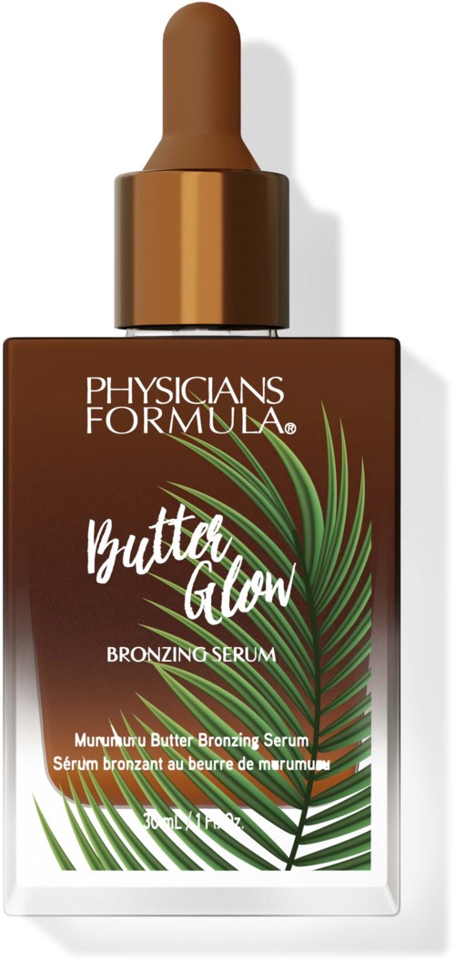 Brun flaske med dråpetellerlokk, merket Physicians Formula Butter Glow Bronzing Serum med grønt bladdesign.