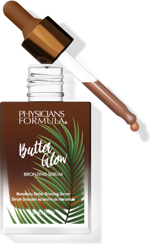 Brun flaske med Physicians Formula Butter Glow-bronzingsserum med grønt bladdesign, pipetteapplikator og en dråpe brun væske.