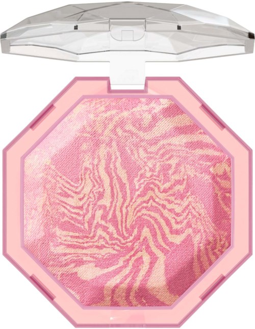 Et rosa og beige dyremønster på en blush i en sekskantet beholder med gennemsigtigt låg.