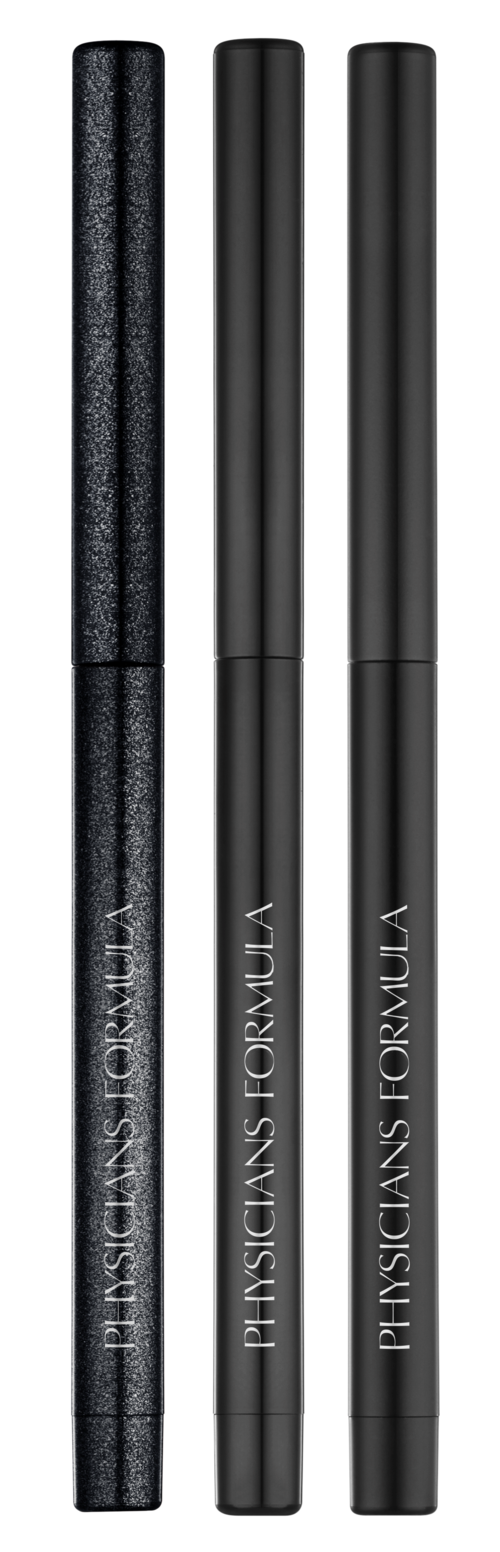 Tre svarta eyeliner med olika texturer och orden 'PHYSICIANS FORMULA' tryckta på dem.