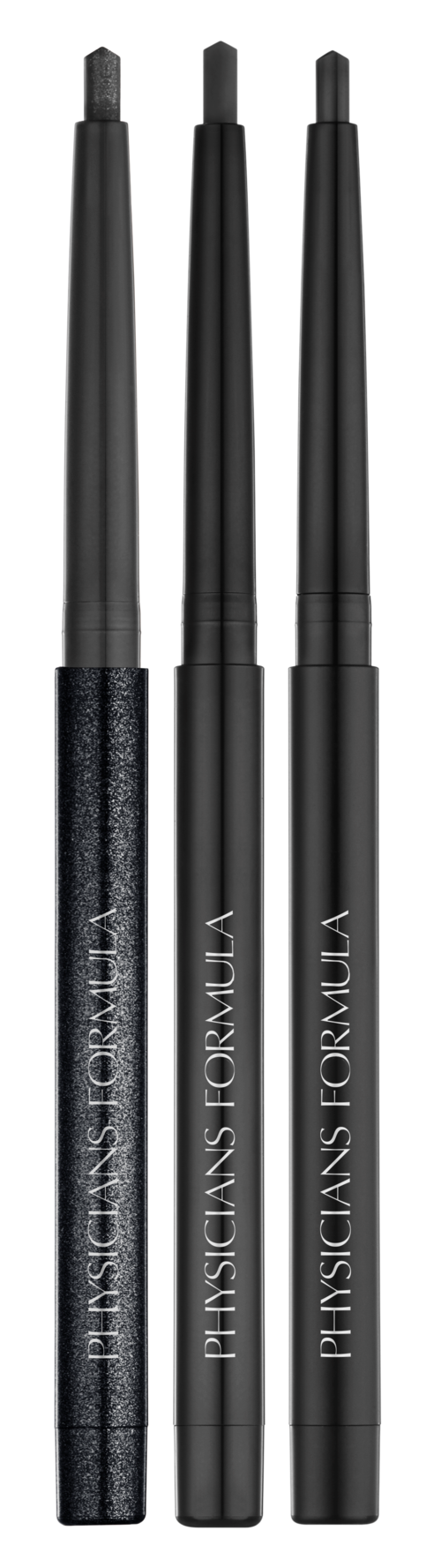Tre svarta eyeliner-pennor med vitt text, står upprätt. En penna har ett texturerat grepp.