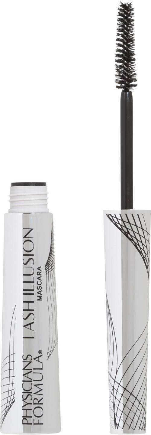 En hvid tube med mascara med sort tekst og børste.