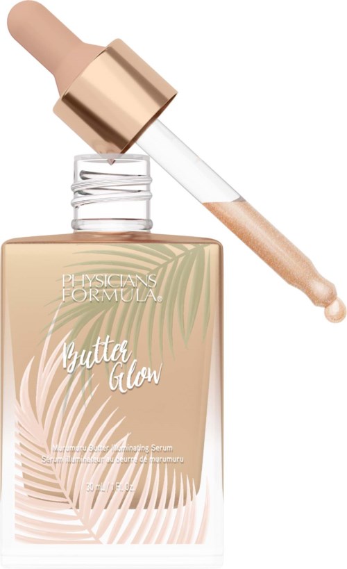 En hudvårdssero-burk med pipett, märkt Physic Formula Butter Glow, med beige flytande inuti.