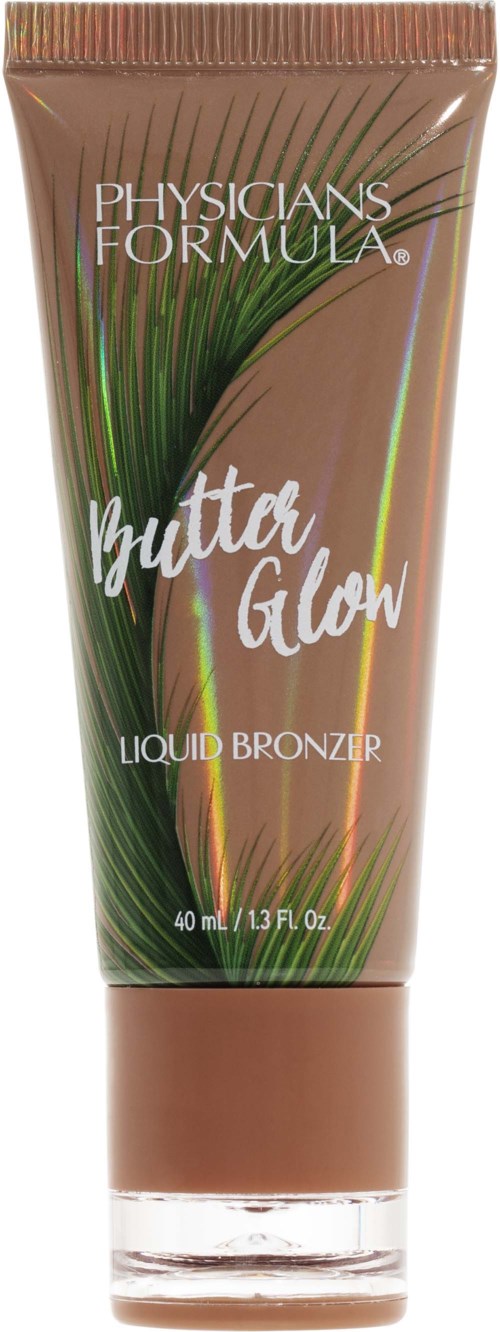 Physicians Formula Butter Glow flytbronzefragment i brun tube med grønne og gullaksenter.