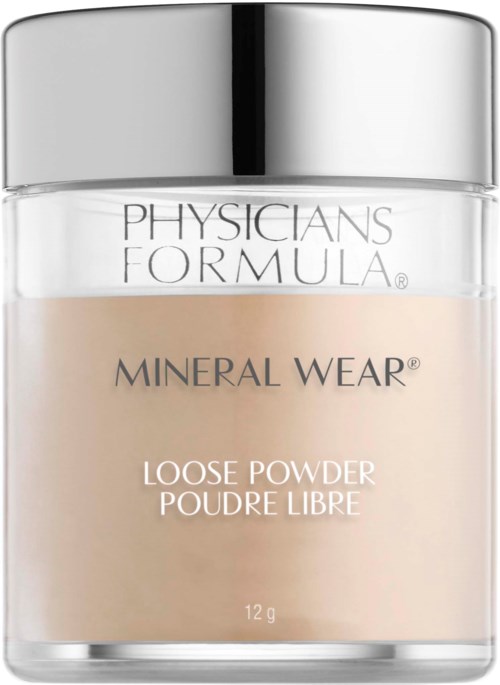 En burk med Physicians Formula Mineral Wear löspuder med silverlock och beige puder inuti.