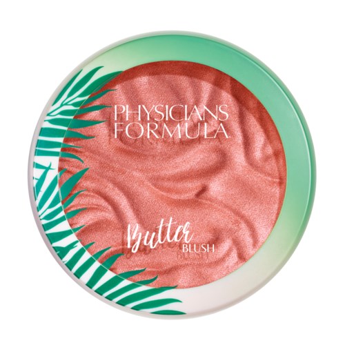 A round blush container with green leaf design, labeled "Physicians Formula Butterfly Blush" with pink blush inside.