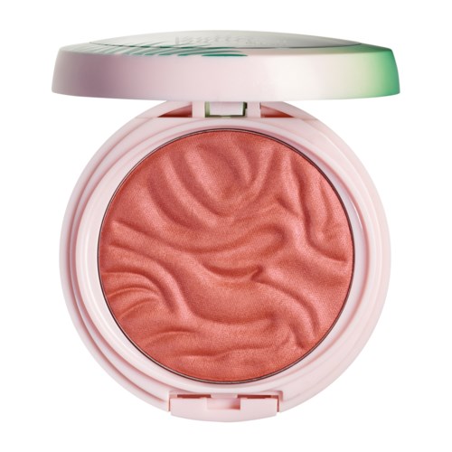 A round makeup blush in a pink container with a wavy pattern, and a green and white lid.