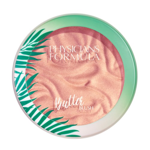 En rund blush-beholder med grønne blad på siden og rosa blush inni.