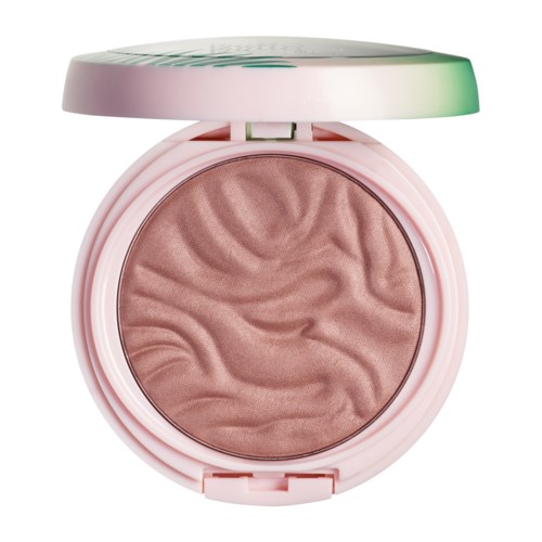 A round, pink, open makeup compact with a swirling, shimmery, light brown powder inside.