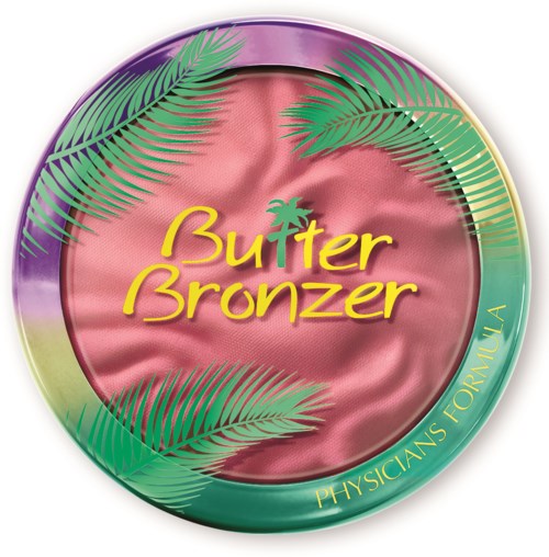 En färgglad rund behållare med rosa, lila och grönt, med tropiska blad och orden 'Butter Bronzer' och 'Physicians Formula.'