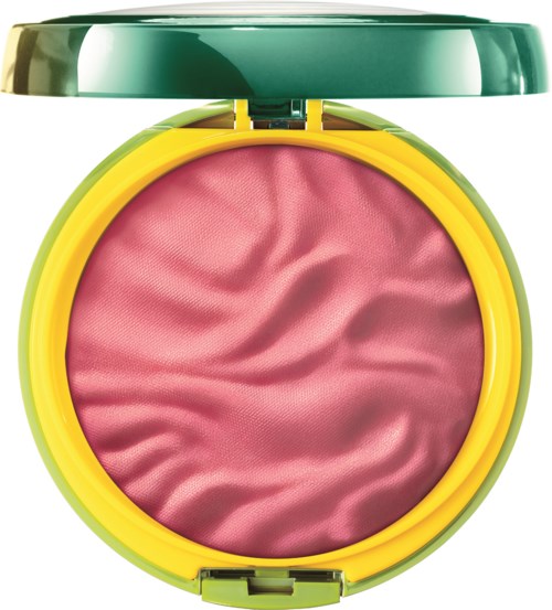 En rund blush-compacta med rosa puder, grönt lock och gul botten, delvis öppen för att visa pudret.