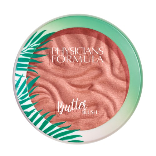 A round blush container with green leaves design, pink blush inside, and text indicating it's Physicians Formula Butter Blush.