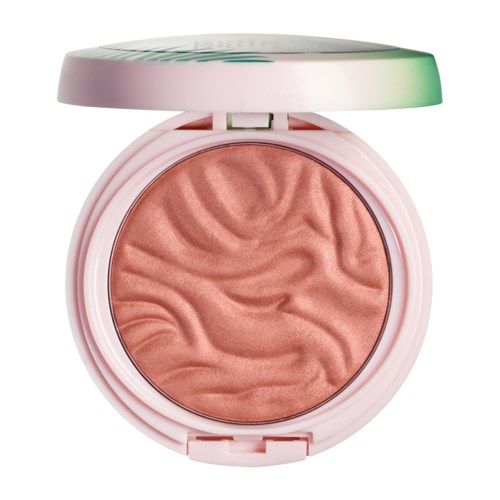 A makeup compact with a pink, marbled blush inside, partially open with a lid on top.