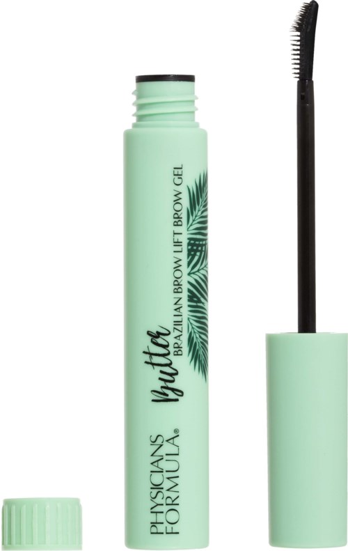 A green tube of eyebrow gel with a brush applicator and a cap.