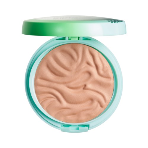 A compact with beige makeup pressed inside, with a light green lid that is open.