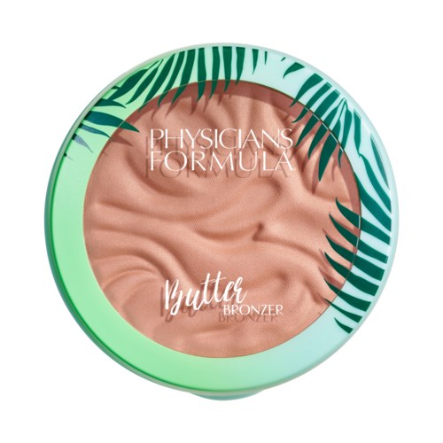 A compact of bronzer with a tropical leaf design, labeled 'Physicians Formula Butter Bronzer.'