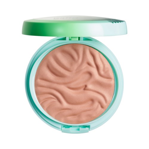 A compact case of pressed face powder with a green lid and swirl design.
