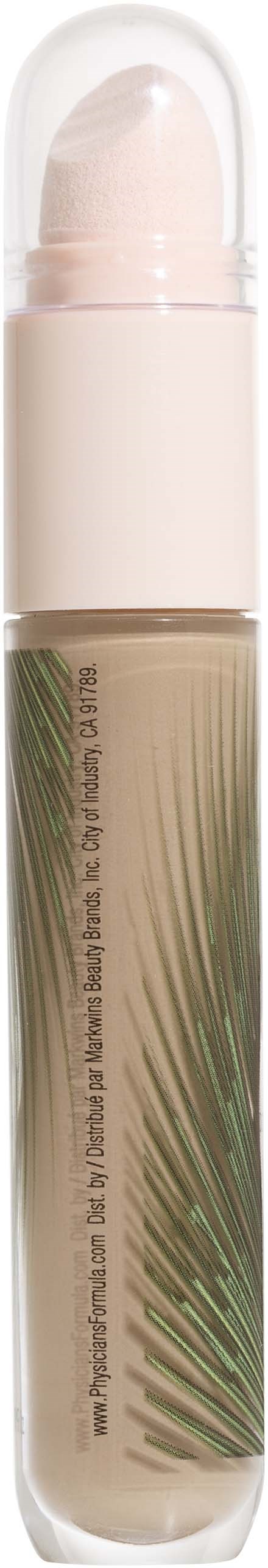Een cosmetisch product in een doorzichtige container met een witte dop, met een lichtgekleurde vloeistof. Het heeft een groene bladontwerp.