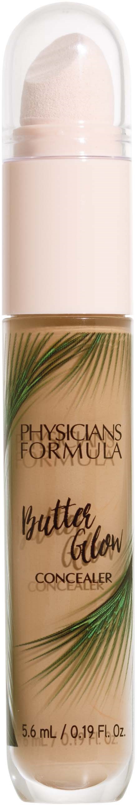 Een beige vloeibare concealer in een doorzichtige pompflacon met palmbladeren, met label 'Physicians Formula Butter Glow Concealer.'