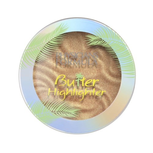 A round container labeled 'Butter Highlighter' with green leaf designs and shiny surface.