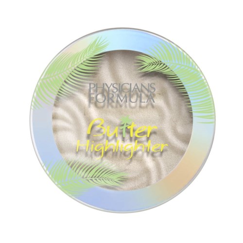 Okrągłe opakowanie z tropikalnym wzorem liści, z napisem 'Physicians Formula Butter Highlighter' w centrum.