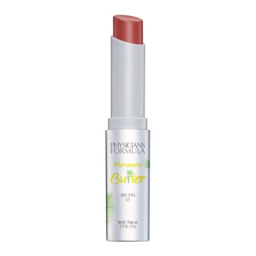 En läppbalsamstift märkt 'Mumumu Butter' med SPF 15, i en silver- och vit tub.