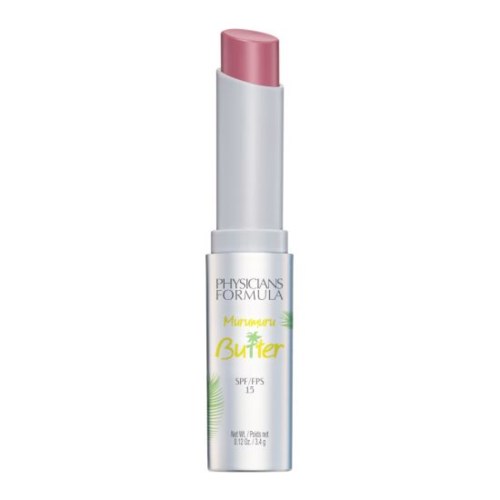 Vaaleanpunainen huulipuna valkoisessa putkessa, jossa lukee 'Physicians Formula Muru Muru Butter SPF 15.'