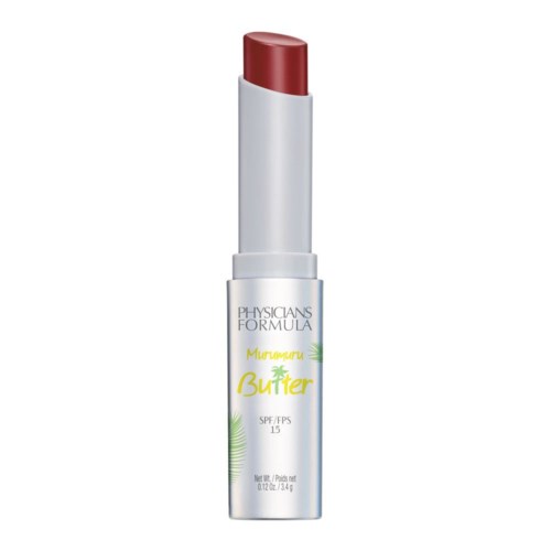 Balsam do ust w białej tubce z czerwoną konsystencją. Tekst zawiera "Physicians Formula" i "Murumuru Butter."