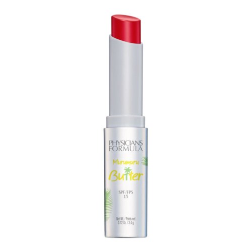 Ett läppstift med röd färg och vit kropp märkt Physician's Formula Murumuru Butter SPF 15.